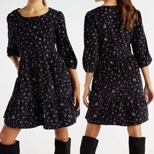Time And Tru black floral cozy Corduroy Mini Dress ruffle Prairie boho dress L